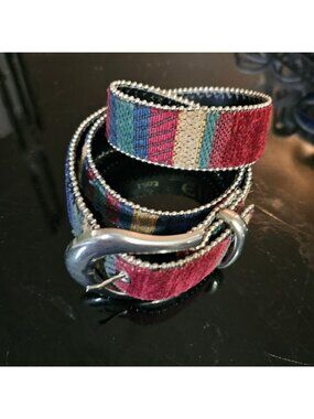 Elite Multicolored Embroidered Belt With Silver Bead Trim Size Small 33.5 Inches